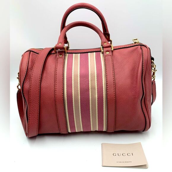 Auth Gucci Rose Pink Leather Web Line Boston Speedy 2way Tote Bag Preloved - Picture 6 of 16